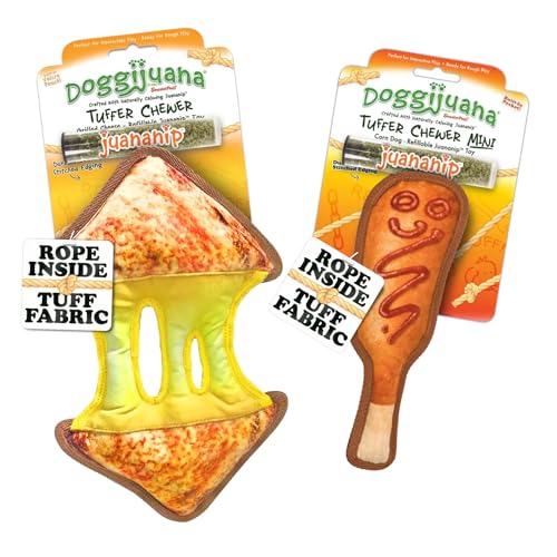 Image of Doggijuana Grilled Cheese & Corn Dog Toy Bundle | 2 Pack, Squeaky | Refillable squeaky plush dog toy + organic calming catnip; eases anxiety, stress & storms; drug-free, hand-harvested