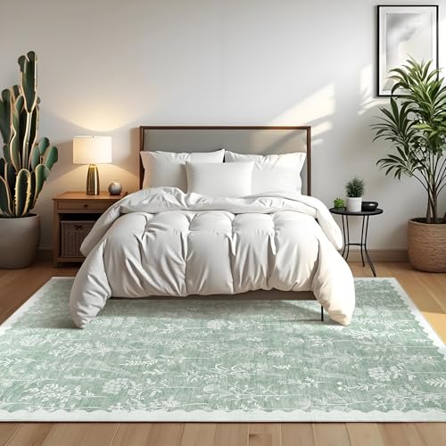 GarveeHome Washable 9x12 Area Rugs for Living Room Scalloped Floral Bedroom Rug, Non-Slip Stain Resistant Dining Table Carpet, Botanical Large Rug Neutral Carpet for Farmhouse Dorm Home Office,Green