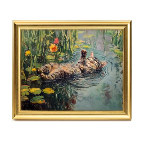 Gold Framed Cat Canvas Wall Art Decor, Wall Prints for Bedroom Bathroom Office, Posters for Living Room Aesthetic, Nature Painting Artwork