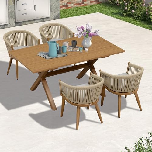 Image of PURPLE LEAF 5 Pieces Outdoor Dining Set with Patio Aluminium Dining Table and Wicker Chairs Modern Furniture Cushions Sets for Backyard Indoor Decor Kitchen Teak