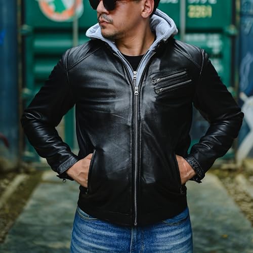 Image of Jild Hooded 2.0 Leather Jacket Men - Genuine Lambskin Leather Bomber Jacket with Removable Hood for Mens Fashion