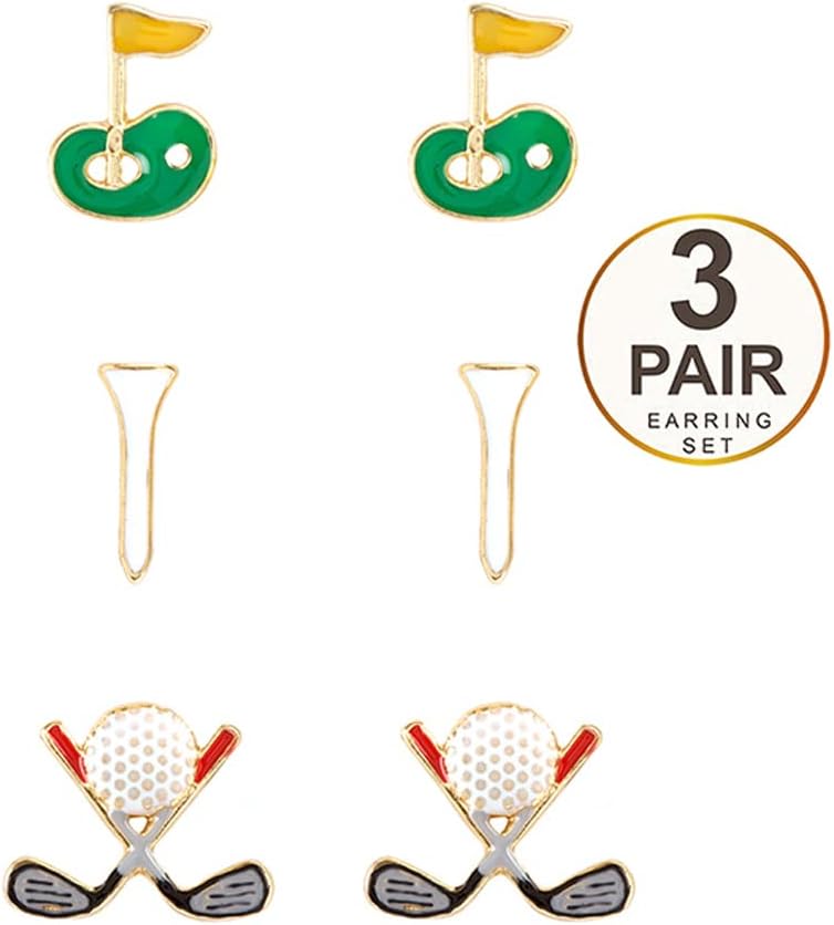Fashion Jewelry ~ Sports Theme 3 Pair of Golf Theme Stud Earrings for Women Casual