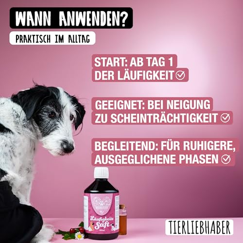 Tierliebhaber – Läufigkeitssaft für Hündinnen 500ml mit Mönchspfeffer – Kräuter-Saft zur Unterstützung bei Scheinschwangerschaft & hormonellen Unstimmigkeiten – Mittel gegen Scheinträchtigkeit Hund