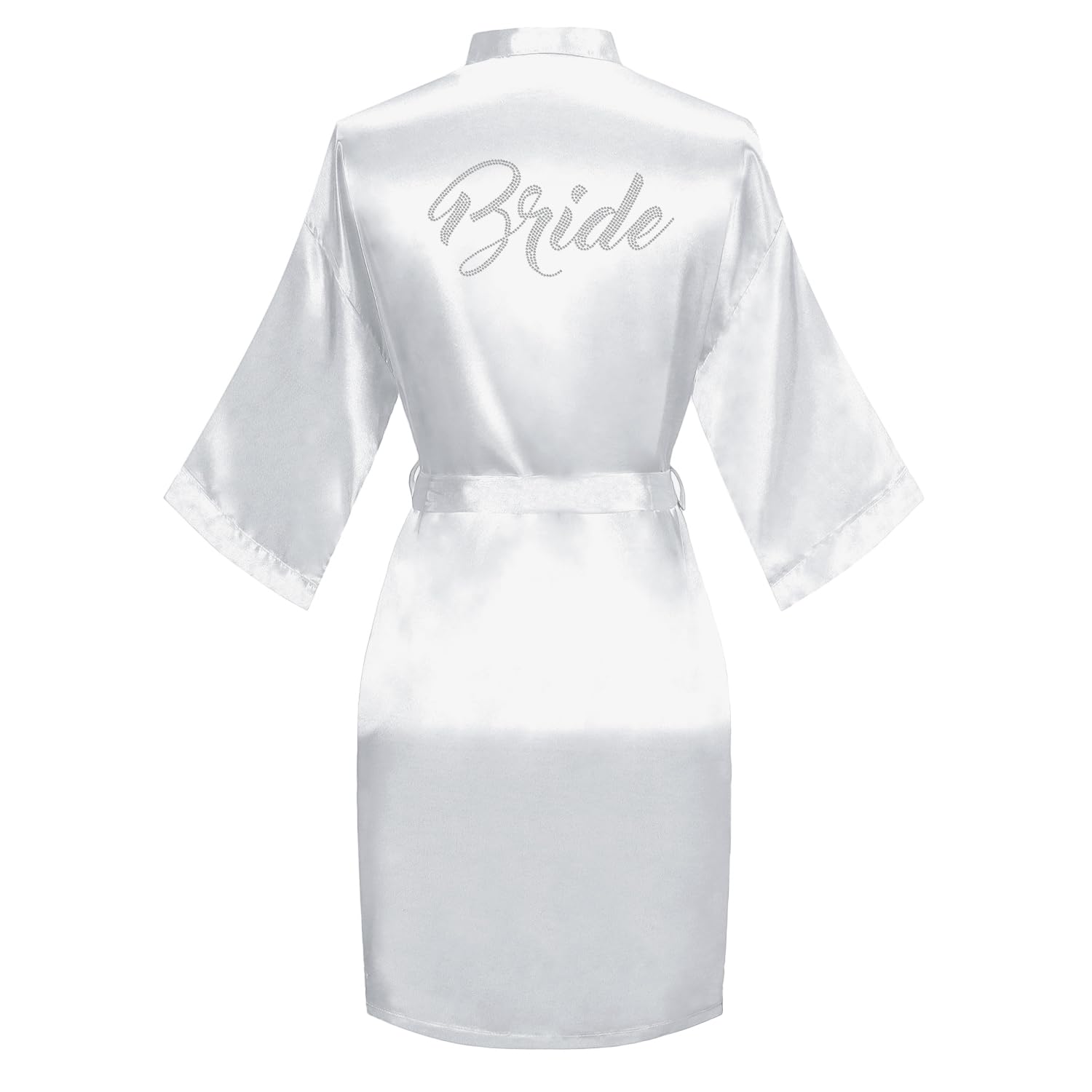 Women's Satin Robe Bride Bridesmaid Short Kimono Robes with Silver Rhinestones for Wedding Party Getting Ready