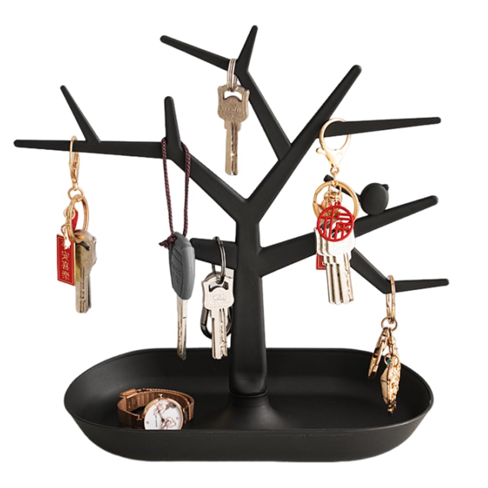MIUPOO Supporto portachiavi da tavolo con albero, espositore per gioielli, collane, anelli, orecchini, vassoio organizer per gioielli, decorazione per la casa per l'ingresso di casa, nero, 1 pezzo.