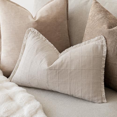 Image of Foindtower Set of 2 Decorative Linen Check Fringe Throw Pillow Covers Farmhouse Lumbar Cushion Covers Modern Boho Home Decor for Sofa Chair Couch Bedroom Living Room,12x20 Inch,Natural Beige