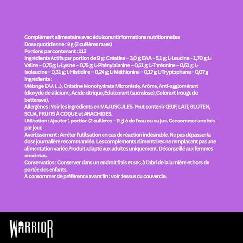 Warrior Créatine Monohydrate + EAA 270 g – 30 Portions – Supplément Sportif pour Force, Récupération et Soutien Musculaire – Poudre Pré- et Post-Entraînement (Fruits Rouges) – Image 3
