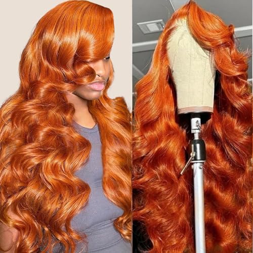 Image of 30 Inch Ginger Lace Front Wigs Human Hair 13x4 HD Transparent Ginger Orange Body Wave Human Hair Lace Front Wigs for Women 180 Density Pre Plcked Lace Frontal Colored Wig with Baby Hair