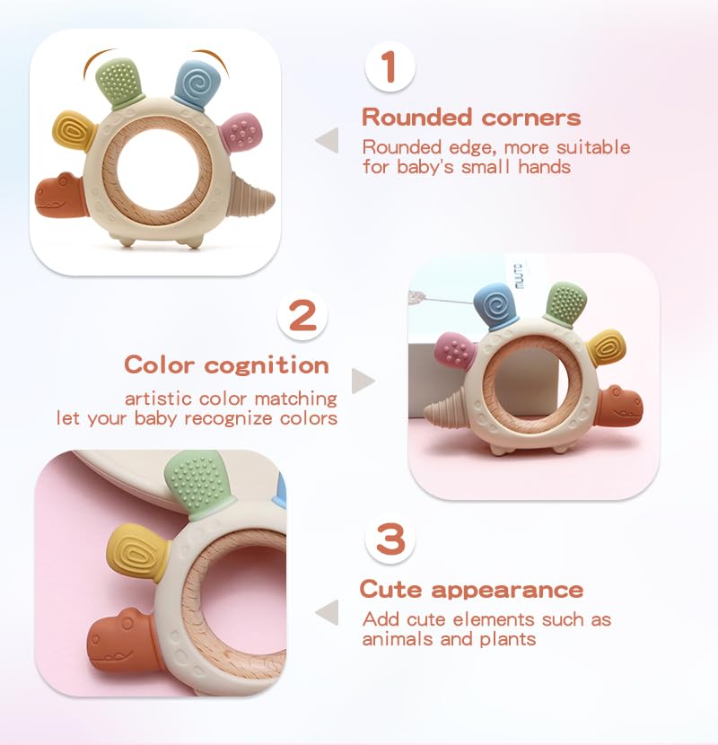 Miniatura 5 de Juguete mordedor de dinosaurio para bebé, silicona sin BPA y anillo de madera de haya natural para aliviar la dentición infantil, seguro, no tóxico,