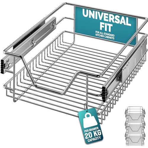 CASARIA® 3x Pull Out Telescopic Kitchen Drawer | For 40cm Units - 36cm Internal Cabinet Dimensions | Chrome-Plated | 20kg Load Capacity | Basket Shelf Organiser Storage Space Saving