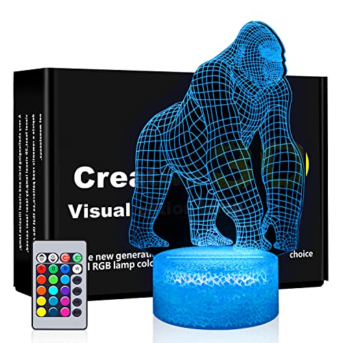 Image of BASSI 3D Gorilla Lamp for Kids, 16 Colors Changing Remote Control 3D Night Light Gorilla Toy - Birthday Christmas Gifts for Boys Girls Age 2 3 4 5 6 7 8 9 Teenages