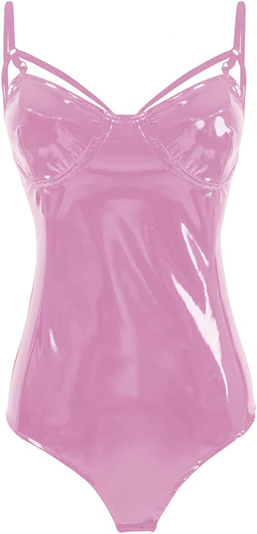 TZMAPU Women's Piece Halter Jumpsuit Faux patent Leather Leotard Bodysuit