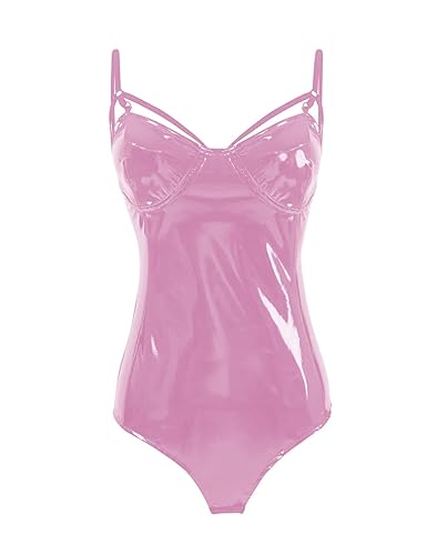 TZMAPU Women's Piece Halter Jumpsuit Faux patent Leather Leotard Bodysuit - Large - Pink