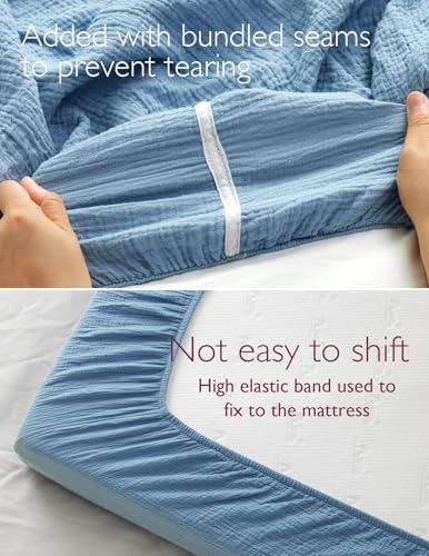 Image of Momcozy Muslin Standard Fitted Crib Sheets, 52 inchx28 inch, 2 Pack Soft Breathable Natural Cotton Baby Mattress Sheet, 360 Mattress Wrapping No Slip Boys Girls Neutral Toddler Bed Sheet, Grey Blue