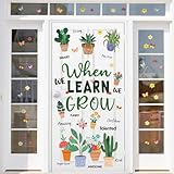 Cinrobiye When We Learn We Grow Classroom Window Door Clings Stickers Greenery Motivational Wall Decal Potted Plant Floral Decals Sticker for Back to School Classroom Blackboard Glass Decorations