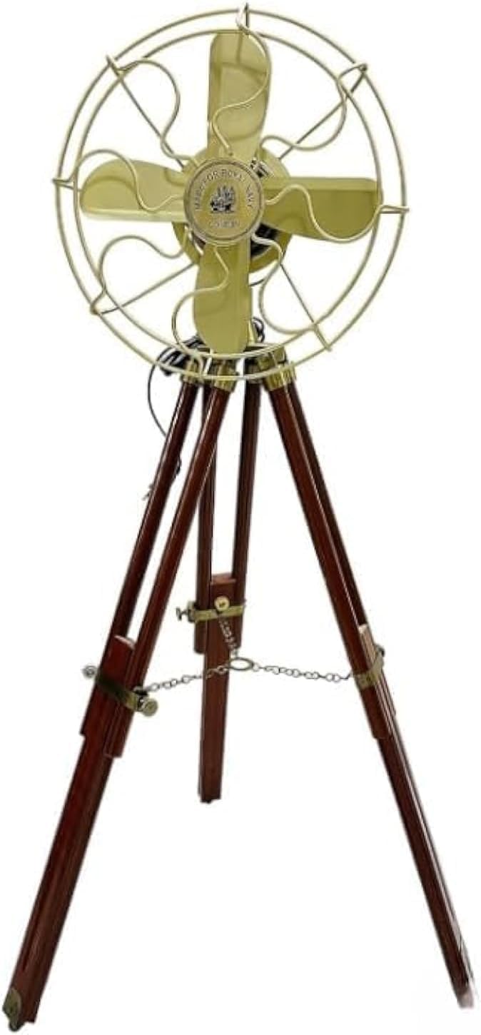 Royal Navy Adjustable Antique Floor Fan With Brown Wooden Tripod Stand.
