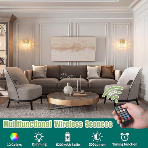 Image of Shenmoyl Set of 2 Crystal Battery Operated Wall Sconce,Rechargeable Wall Lamp with 5200mAh Battery & Remote Control, Modern Dimmable Wireless Wall Lights for Bedroom Bathroom (Clear, Gold Base)