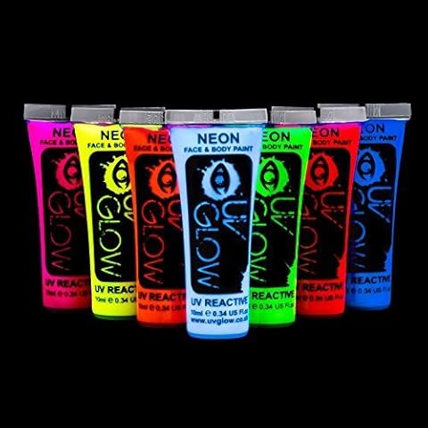 UV Glow Neon Face and Body Paint 10ml - Set of 7 Tubes - Fluorescent Cover