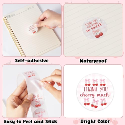 Image of Thank You Sticker Roll - 1000 Pcs Coquette Pink Bow Cherry Waterproof Vinyl Reusable Laptop Sticker DIY Book Scrapbook Water Bottle Page Activity Pad Party Favors Skateboard Gift Wrapping