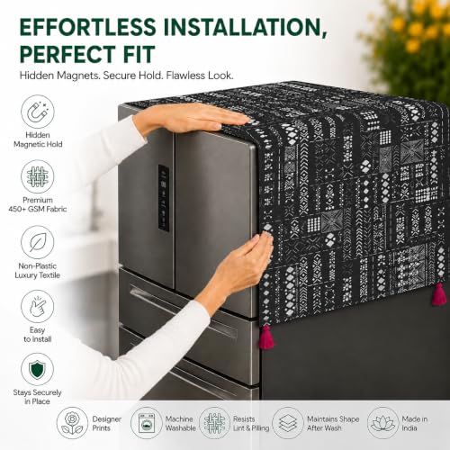 Image of WWW.THROWPILLOW.IN Fridge Top Cover for Double Door 250-400L | Medium Size Dustproof Refrigerator Cover | Corner Tassels with Pockets | Black Tribal Print |