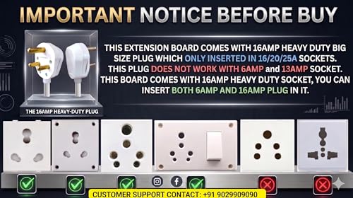 Image of Extension Board Heavy Duty 16A | extension cord power strip high load capacity 3000 Watt | 16 amp socket for AC refrigerator fridge, geyser, oven, ev charger charging, induction | 2 meter copper cable
