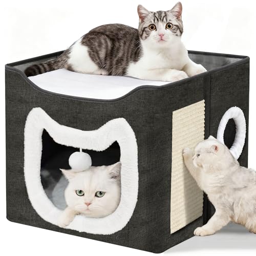 Pomefar Cat Beds for Indoor Cats Large Cat Cave with Fluffy Ball and Scratch Pad Foldable Cat Scratch House with Hideaway Condo for Kitten 16x16x14inch