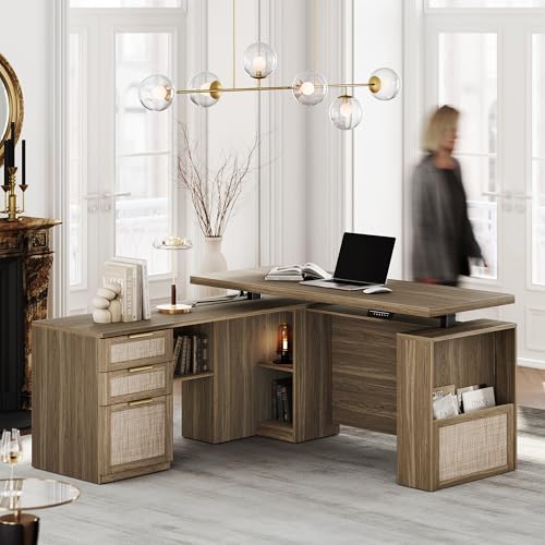 Image of 63 Inches L Shaped Standing Desk, Executive Standing Desk with Drawers and File Cabinet, AC /USB, 1.18 inch Desktop, Multi-Sized Storage Cubby, Privacy Panel, Rattan Computer Desk, Natural Oak