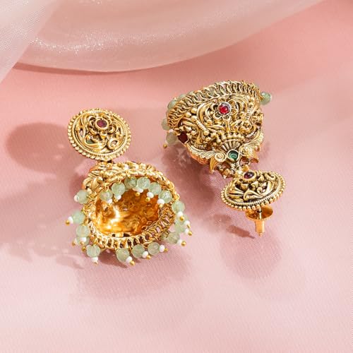 Image of Rubans Gold-Plated Jhumka Earrings for Women & Girls | Jhumki Traditional Wedding Fashion Ethnic Designer Jewellery Statement Gift