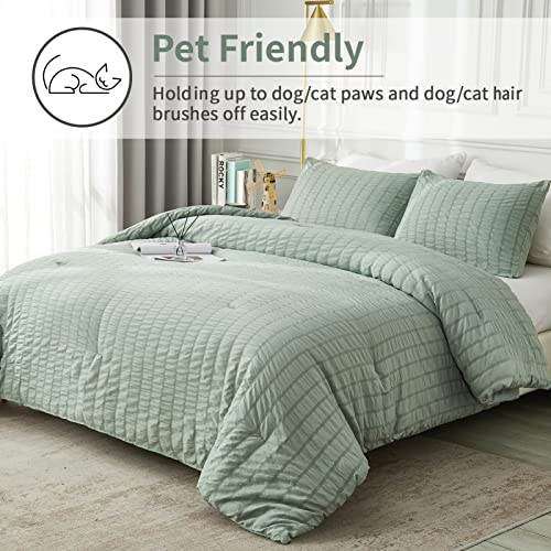 Image of AveLom Seersucker Queen Comforter Set, Sage Green, 90x90, 3 Pieces