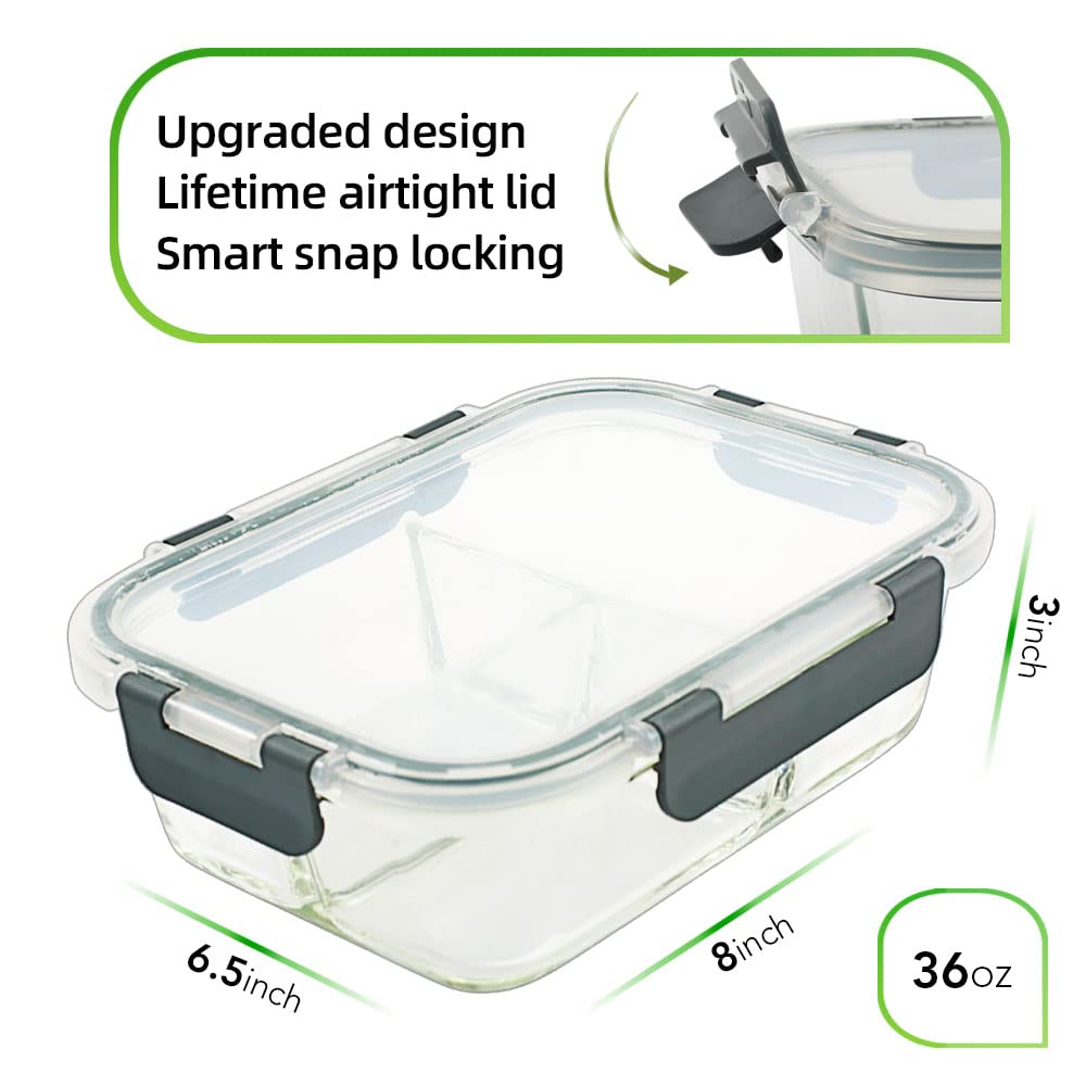 DAS TRUST Glasbehälter für Mahlzeiten, 3 Fächer mit Deckel, Lunchbox, Bento-Box, Mikrowelle, Backofen, Gefrierschrank, Spülmaschine (4,5 Tassen, Grau), 5 Stück
