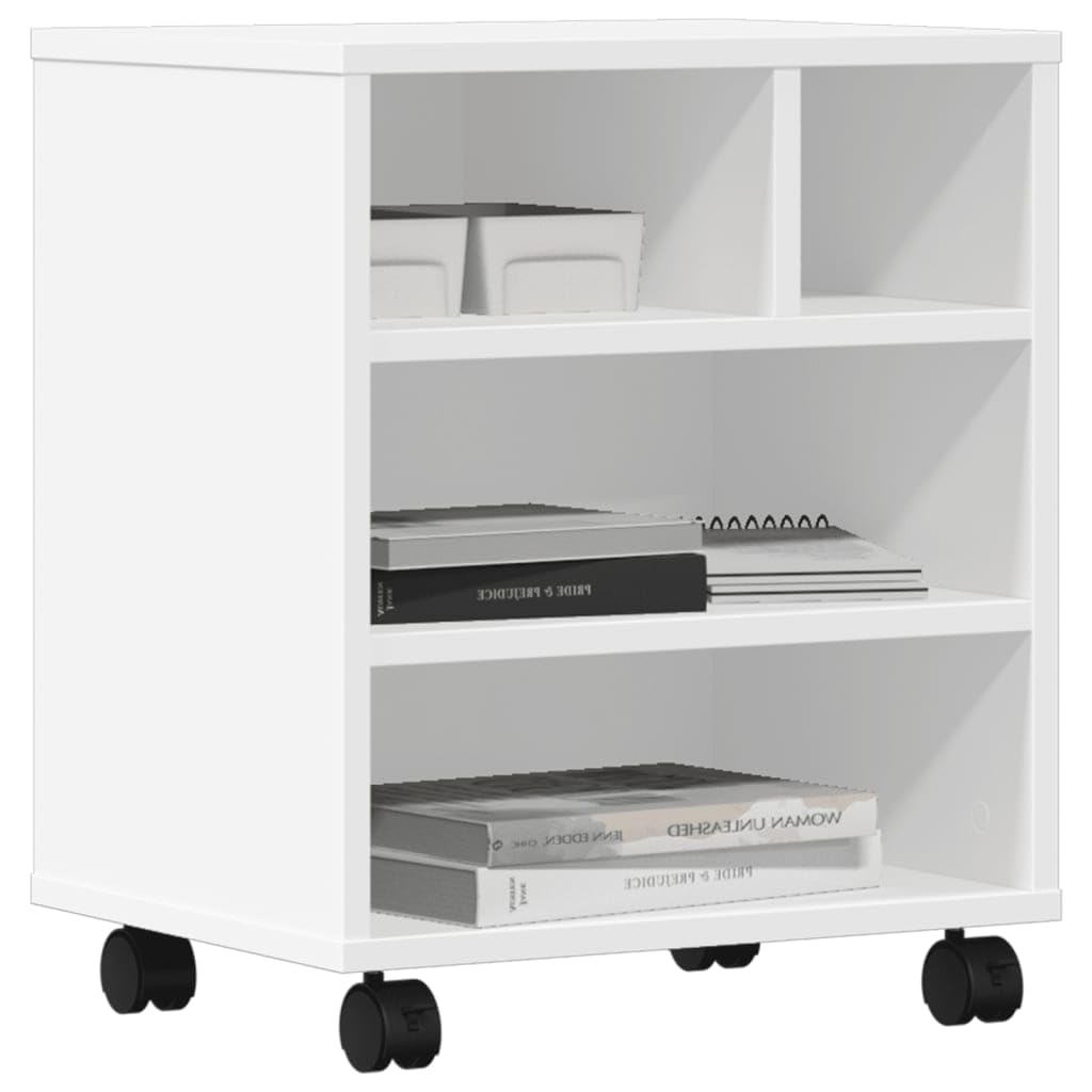 Générique Supporto per stampante con ruote bianco 41 x 32 x 48 cm, tavolo stampante in legno di ingegneria con 2 ruote bloccabili, mensola portaoggetti per forniture per ufficio, cartelle