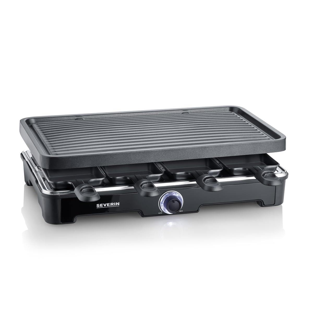 SEVERIN Raclette Grill, 1400W, 8 Padelline Antiaderenti, 8 Spatole, Piastra in Ceramica (41,5x26 cm), Temperatura Regolabile, Cavo Lungo 195cm, 42,0 x 28,0 x 12,0 cm, Nero - RG 9670