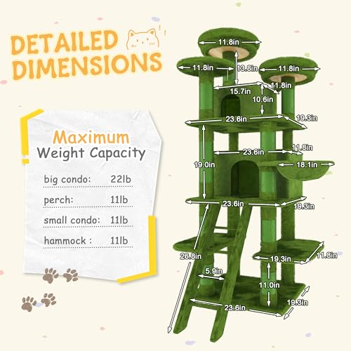 Image of Large Cat Tree, XL Multi-Level Cat Tower for Small & Large Cats with 2 Condos, 3 Perches & Hanging Hammock, Soft Plush Natural Sisal Scratching Posts, Stable for Multi-cat Families (Green)