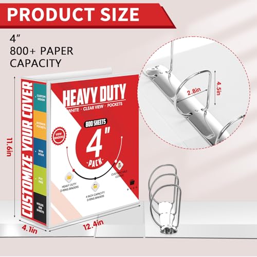 Image of Sinload 6 Pcs 3 Ring Binder, 4 Inch Large Capacity D Ring Binders with Pockets, 8.5 inch x 11 inch Presentation Folder View Binder with Customizable Clear Cover for Documents Files Projects (White)