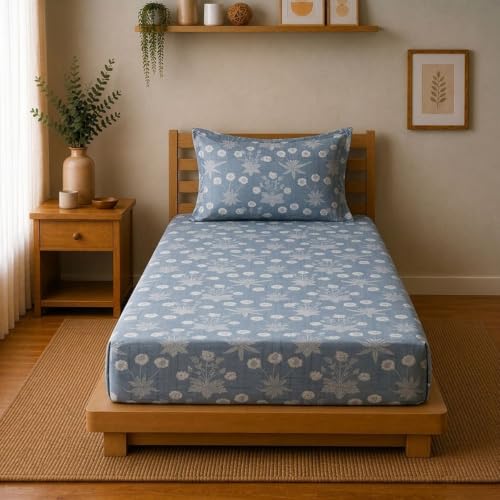 Image of Linen Home Cotton Percale Fitted Bedsheet Set SingleXL Size Floral Blue