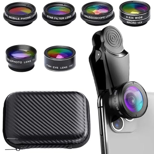 7 in1 Mobile Phone Camera Lens, Mobile Phone Lens Kit, Universal Clip, for iPhone, for Samsung, for Android Smartphone, On Wide Angle+Macro+ Fish Eye+Kaleidoscope+Star Filter+CPL Lens(Black)
