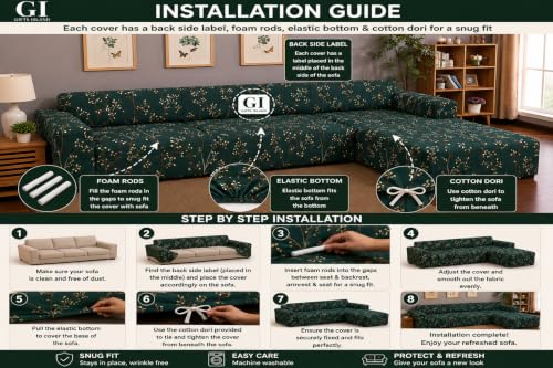 Image of Gifts Island Premium 160GSM Super Soft Green Stem Stretchable Sofa Cover L Shape 7 Seater Fully Covered | Suitable for Both Left and Right Side Chaise Sofa (Green Stem, 4+3 Seater)