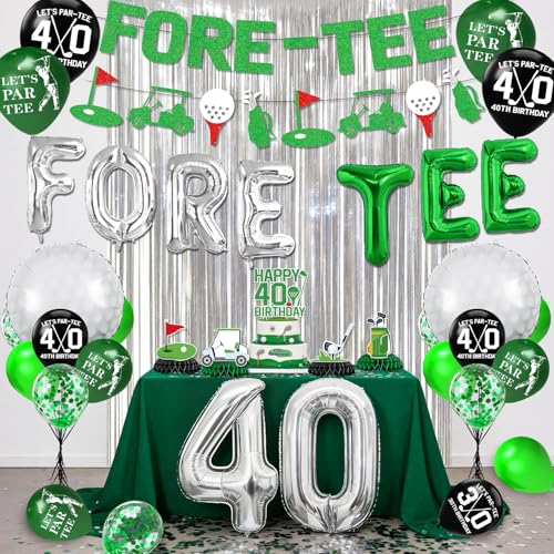 Image of 40th Birthday Decorations for Men, Golf 40 Birthday Decorations for Men Including FORE-TEE Banner Silver Fringe Curtain Golf Themed Honeycomb Centerpieces 40 Foil Balloons