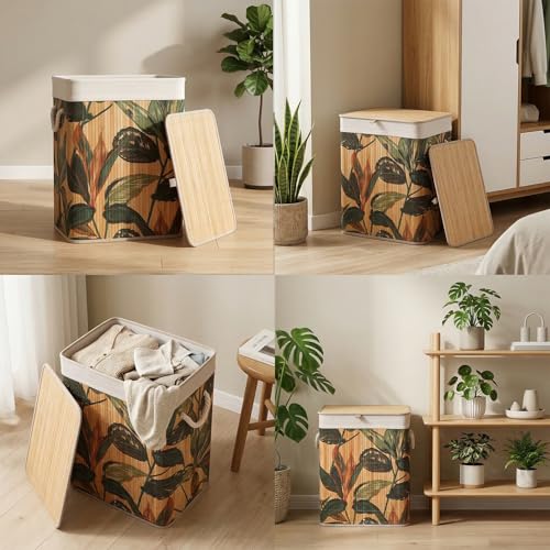 Image of Kura by Ekhasa Leaf Laundry Basket with Lid 60L, Bamboo Laundry Basket for Clothes, Foldable Laundry Hamper Basket with Removable Laundry Bag for Bedroom Bathroom Clothes Storage