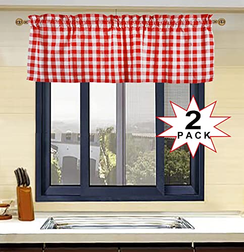 Buffalo Red and White Check Kitchen Window Valance 2 Pack Half Short Gingham Plaid Farmhouse Textured Short Window Drape Panel Home Decor Curtain Valance