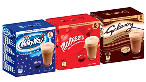 CaffeLuxe Chocolat chaud Galaxy, Milky Way & Maltesers - 8 sachets de chaque saveur - sachets compatibles Dolce Gusto