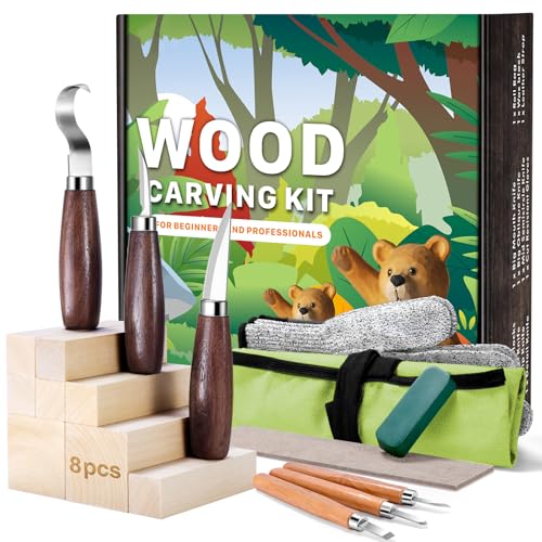Wood Carving Tools Kit, 18 in 1 Wood Whittling Kit for Beginners with 8PCS Basswood Carving Blocks, 6PCS Whittling Tools, Chip Carving Tools Set with Sharpener, Gloves, Roll Bag