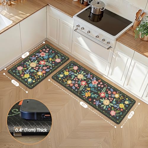 GENIMO Kitchen Mats for Floor 2PCS, Cushioned Kitchen Rugs Non Slip Washable, Farmhouse Anti Fatigue Mat Waterproof, Comfort Standing Mat Rug for Office, Home, Laundry, 17.3