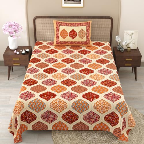 Image of Pure Cotton Single Bedsheet with 1 Pillow Cover, 220 TC Premium Jaipuri Bedsheet for Single Bed | 60x90 Inch - Multicolor Floral Print