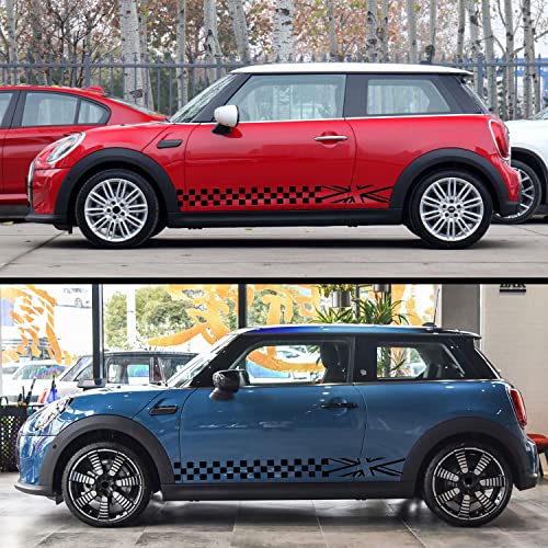 Image of 2Pcs 78.7'' Universal Racing Checkered Flag Graphic Car Body Side Sticker Self-Adhesive Side Strip Decal Lattice Grid Stripe Stickers Decoration for Mini Cooper Truck SUV Vehicles (A, Black)