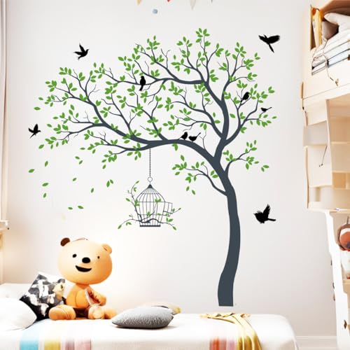 Image of Rawpockets Tree with Birds and Cage Self Adhesive Wall Sticker (Light Green)-Vinyl