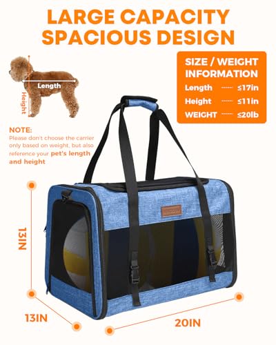 Large Cat Dog Carrier for Pet Up to 20 Lb - 20×13×13 in, Top & Side Entry, Foldable, Soft-Sided Pet Carrier with Ventilated Anti-Scratch Mesh & Car Seat Buckle for Car, Travel and Vet - Blue - Image 3