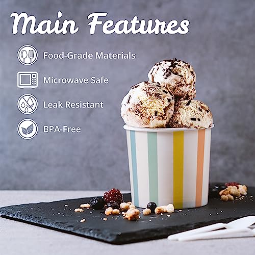 Image of MATICAN Paper Ice Cream Cups, 100-Count 11-Oz Disposable Dessert, Snack Bowls for Hot or Cold Food, 11-Ounce Party Supplies Treat Cups for Sundae, Frozen Yogurt, Soup, Pastel Stripes