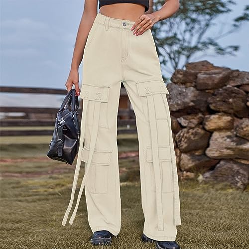 NATHGAM Womens High Waist Button Up Straight Leg Jeans Cargo Pants Fashion Y2K Teen Girl Street Denim Pants with Slant Pocket2