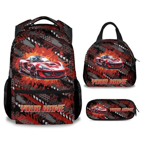 Mercuryelf Kids Bookbag with Lunch Bag and Pencil - 3 in 1 Custom Racing Car Backpack Set for Boys - 17 Inch School Backpack for Primary Middle